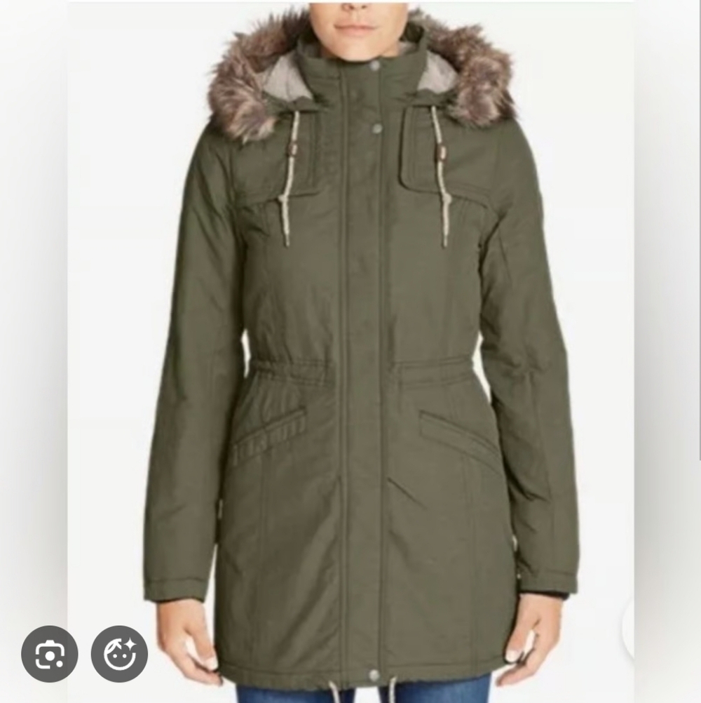Eddie Bauer Ladder Creek High Pile Olive Green Sherpa winter coat Parka Faux Fur